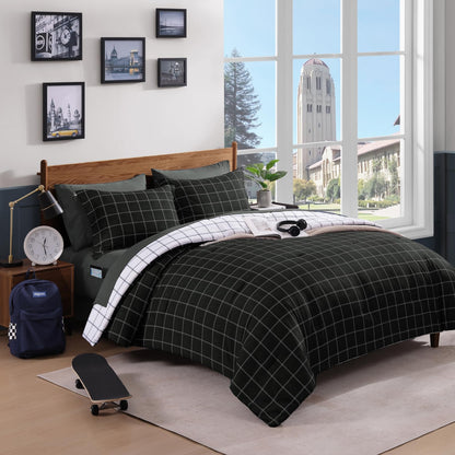 Plaid Full Size Comforter Set Blue Grey 7 Pieces Farmhouse Bed in a Bag