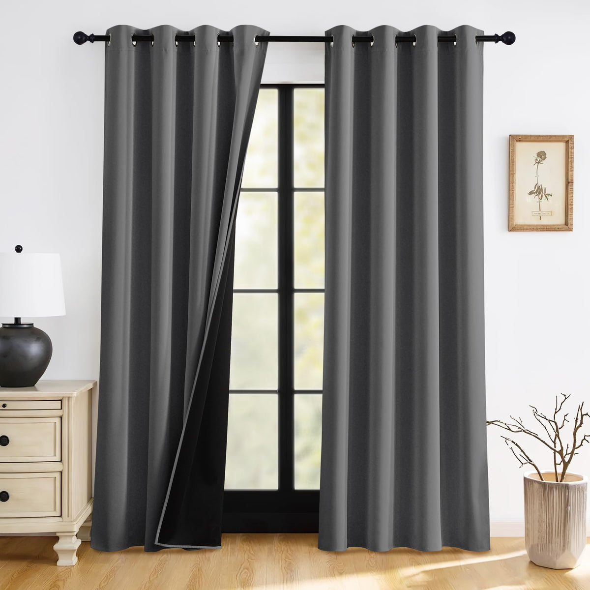 RYB HOME 100% Blackout Black Curtains for Bedroom Living Room 84 inch Long