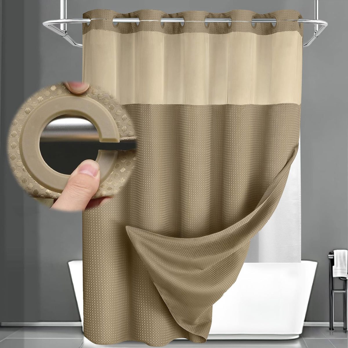 No Hook Shower Curtain with Liner Set Hotel Waffle Burgundy 72W X 75L