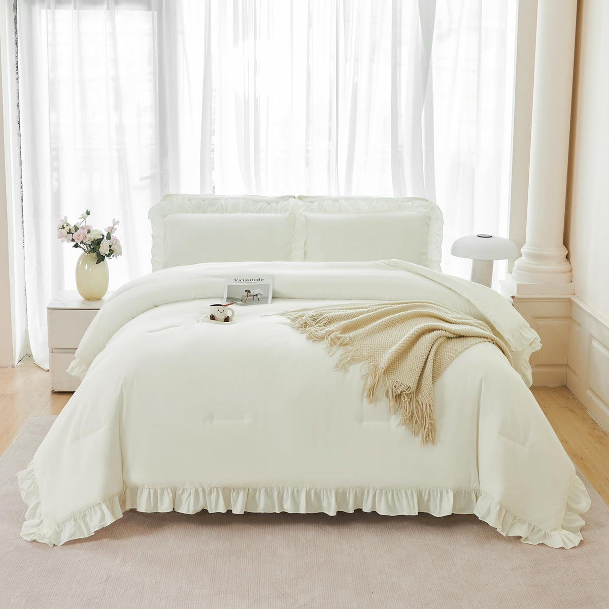 ANGIYUIN Light Blue Ruffle Girls Comforter Set Twin Size 5 Pieces Ruffled Farmhouse Bed in A Bag Solid Boho Bedding Comforter Sets Soft Fluffy Bed Sets for Kids Girl(Light Blue Twin)