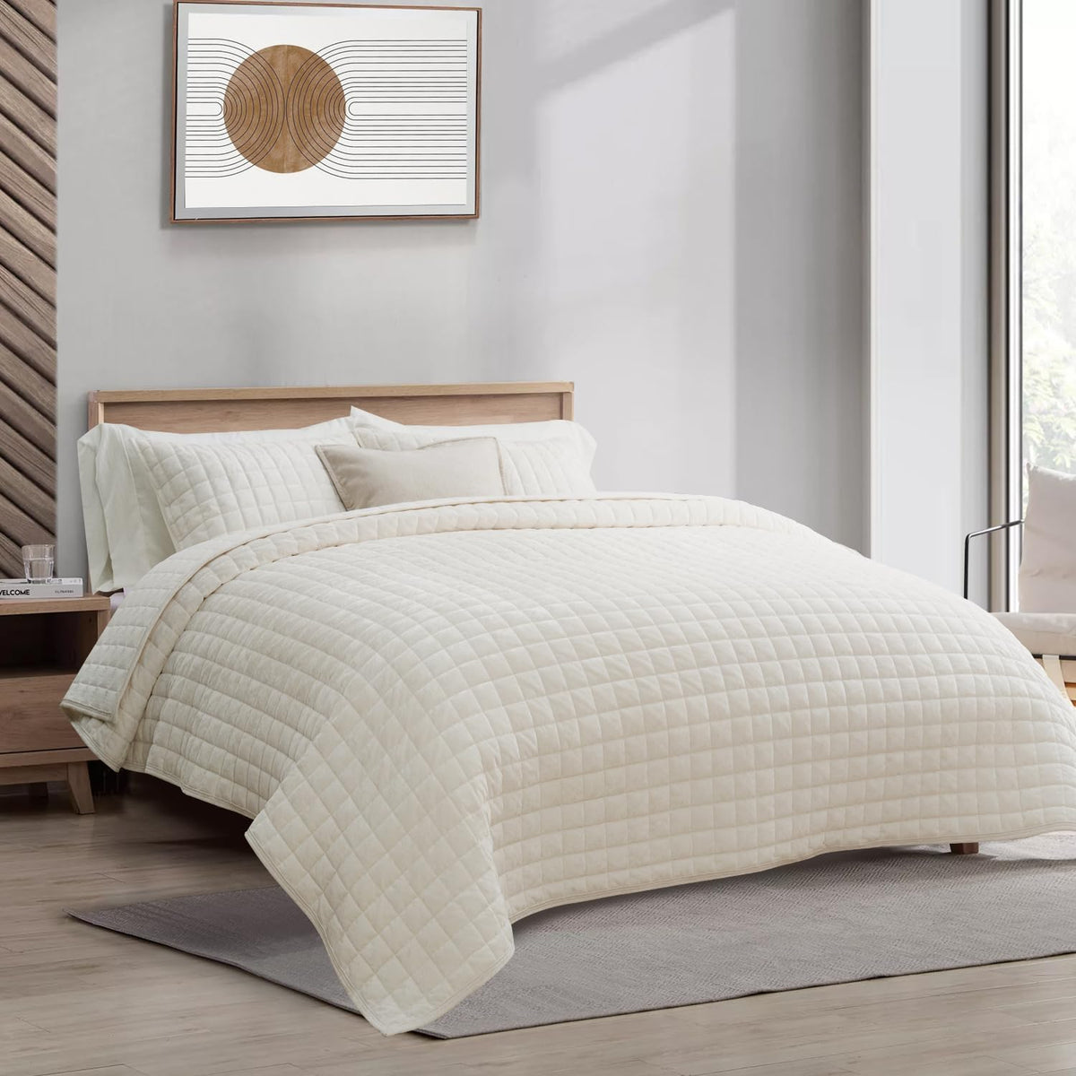 RECYCO Channel Box Stitch Velvet Quilt Set, King Size, Beige