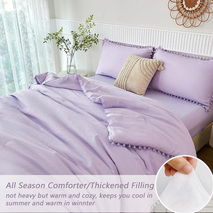 PERFEMET 5 Pieces Lavender Purple Comforter Set Twin Girls Pom Bedding Sets