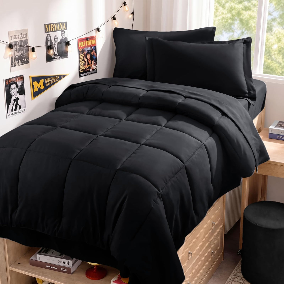 JOLLYVOGUE Full Comforter Set, Ultra-Soft Bed in a Bag Full Size 7 Pieces, Oeko-TEX Certified Bedding Set with Down Alternative Comforter, Sheets, Pillowcases & Shams, Black