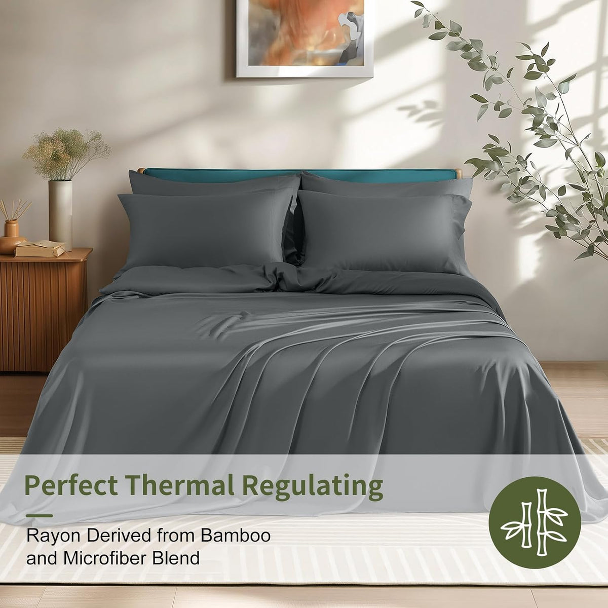 Shilucheng 6 Piece Queen Sheet Sets, Cooling Sheets, Dark Grey