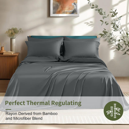 Shilucheng 6 Piece Queen Sheet Sets, Cooling Sheets, Dark Grey
