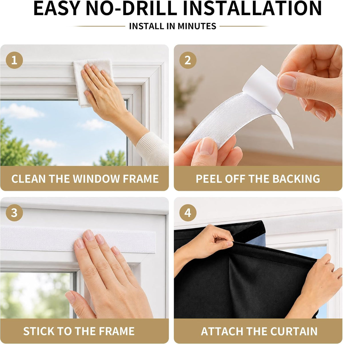 Autohesion Curtains for Windows,Bedroom Blackout Curtains for - Thermal Lnsulated No Drill Curtains Room Darkening Black Small Drapes, JILRON,(1 Panels,35Wx48L inch-Black)