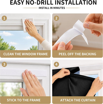Autohesion Curtains for Windows,Bedroom Blackout Curtains for - Thermal Lnsulated No Drill Curtains Room Darkening Black Small Drapes, JILRON,(1 Panels,35Wx48L inch-Black)