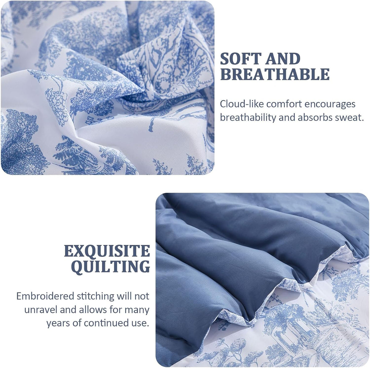 DJY Blue Comforter Set King, 7 Pieces Bed in a Bag King Size Botanical Comforters with Sheets Elegant Plants Print Soft Microfiber Reversible Complete Bedding Sets for All Season