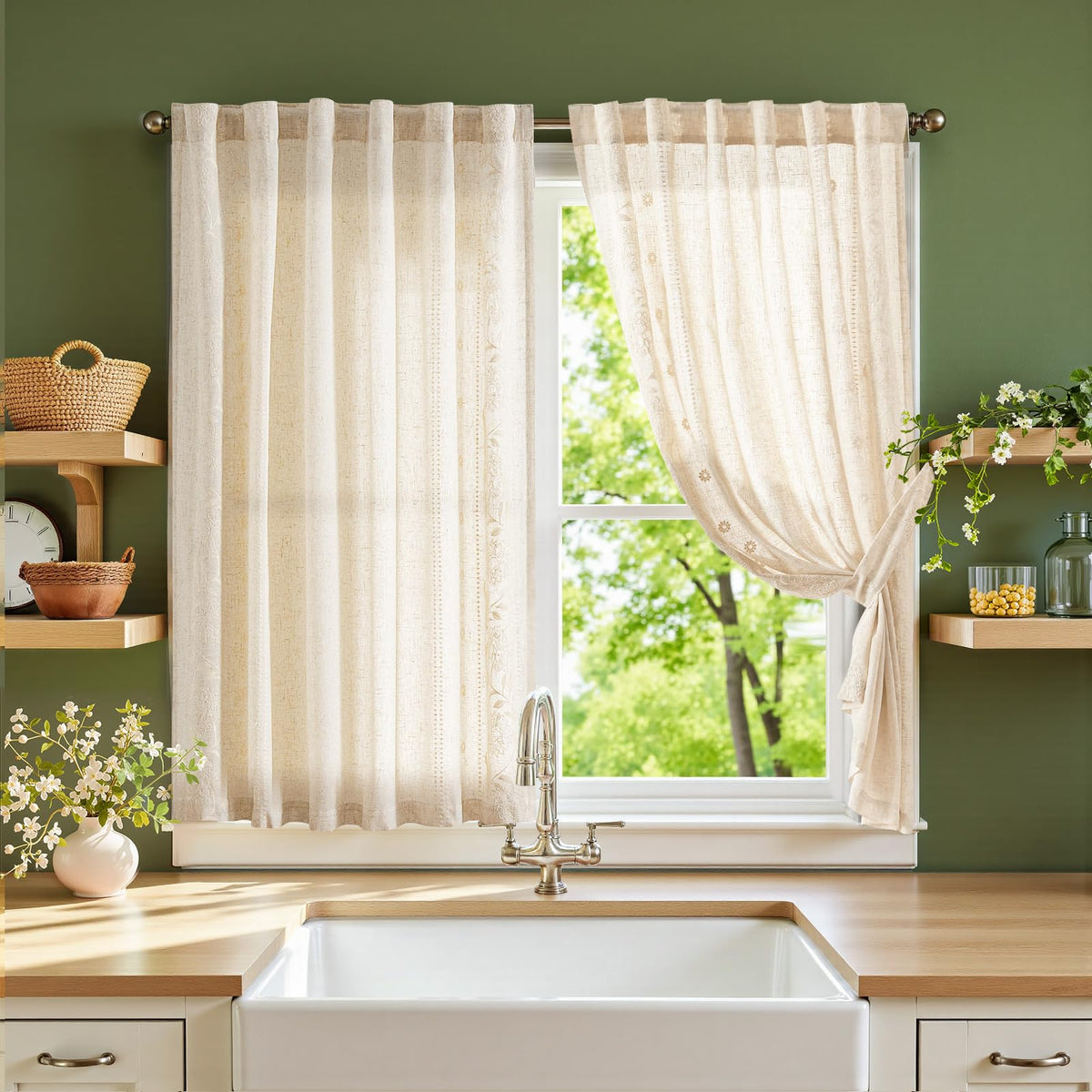 jinchan Beige Floral Linen Kitchen Tier Curtains 50x45 Inch 2 Panels