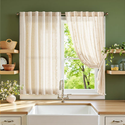 jinchan Beige Floral Linen Kitchen Tier Curtains 50x45 Inch 2 Panels