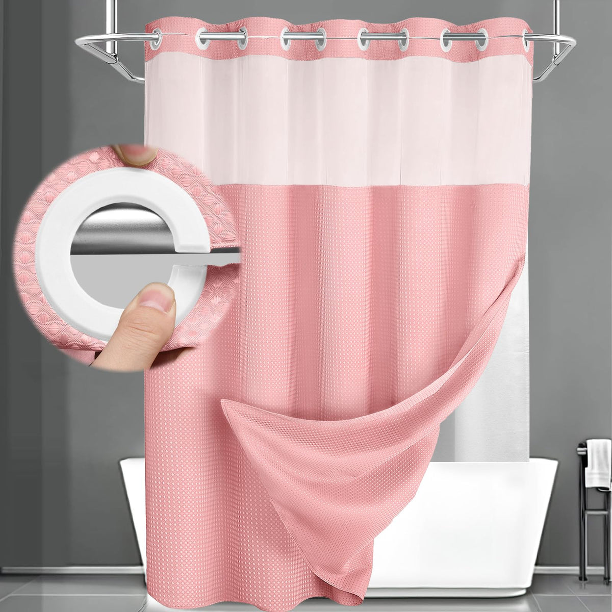 No Hook Shower Curtain with Liner Set Hotel Waffle Burgundy 72W X 75L