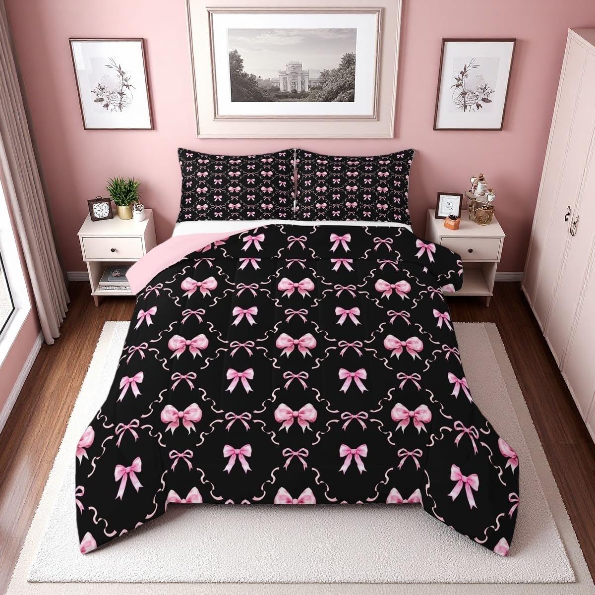 Erosebridal Cute Pink Bow Twin Bedding Set for Girls,Ribbon Bow Knot Comforter Set for Kids Kawaii Room Decor,Princess Bowknot Bed Set Girly Pink Bows Bedding Comforter Sets,1 Pillowcase