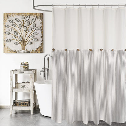 DOSLY IDÉES Farmhouse Shower Curtain,Beige and Gray Stripe,Button Curtain,Linen and Cotton Woven Fabric,Rustic Charm Country Chic Style,72x72 in