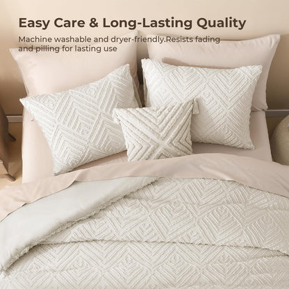 Litanika King Size Comforter Set, 3 Pieces Beige Tufted Boho Bedding Set