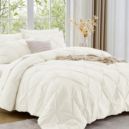 Sasttie Full Size Comforter Set, 7-Piece Bed in a Bag Double, Pintuck Bedding Set for All Season, Includes Comforter, Flat Sheet, Fitted Sheet, Pillowcases and Pillowshams, Beige