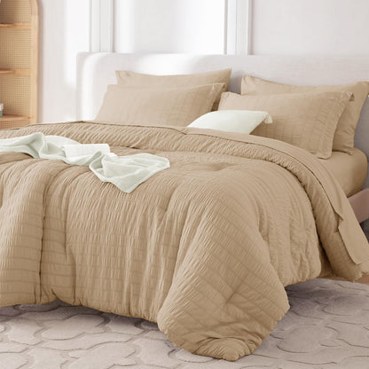 MUXHOMO Queen Comforter Set 7 Pieces, Seersucker Bed in a Bag, Beige