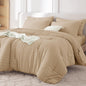MUXHOMO Queen Comforter Set 7 Pieces, Seersucker Bed in a Bag, Beige