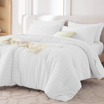 MUXHOMO Queen Comforter Set 7 Pieces, Seersucker Bed in a Bag, Beige