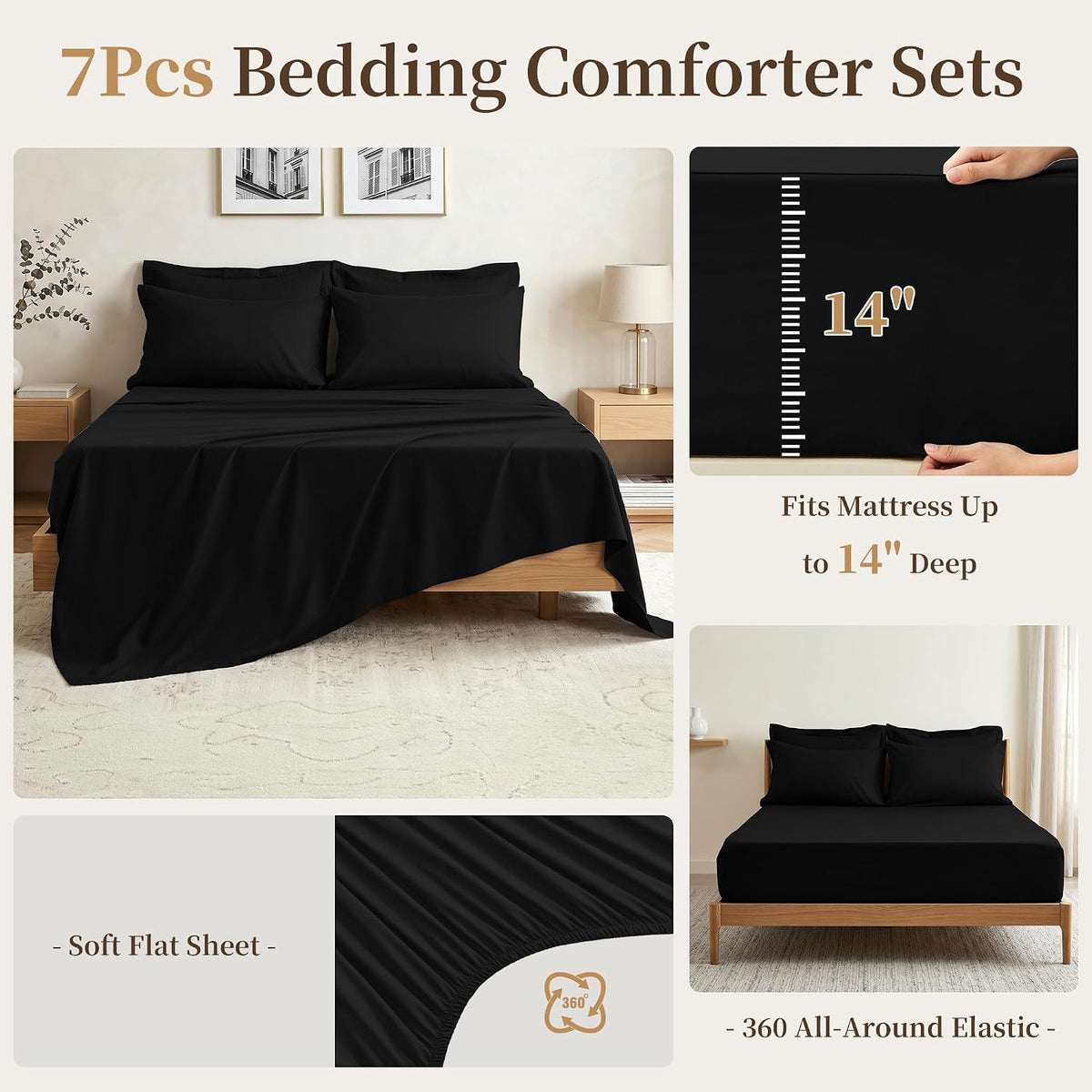 Queen Comforter Set 7 Piece - Black Soft Bed in a Bag Queen Size Comforter Sets, Lightweight Bedding Sets with Down Alternative Comforter, Flat Sheet, Fitted Sheet, 2 Pillowcases & 2 Shams