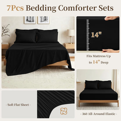 Queen Comforter Set 7 Piece - Black Soft Bed in a Bag Queen Size Comforter Sets, Lightweight Bedding Sets with Down Alternative Comforter, Flat Sheet, Fitted Sheet, 2 Pillowcases & 2 Shams