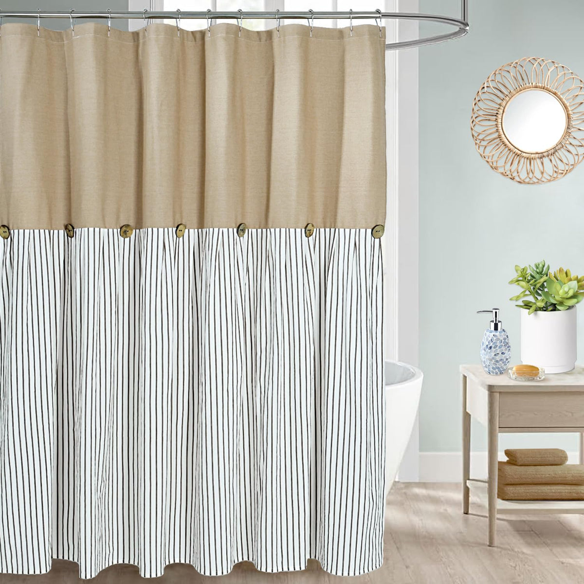 DOSLY IDÉES Farmhouse Shower Curtain,Beige and Gray Stripe,Button Curtain,Linen and Cotton Woven Fabric,Rustic Charm Country Chic Style,72x72 in