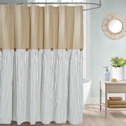 DOSLY IDÉES Farmhouse Shower Curtain,Beige and Gray Stripe,Button Curtain,Linen and Cotton Woven Fabric,Rustic Charm Country Chic Style,72x72 in