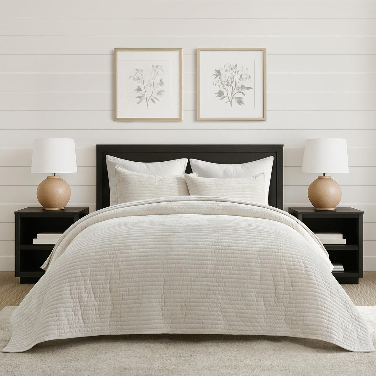 EverGrace Stripe Channel Luxury Velvet Quilt Set King Size, Beige Taupe