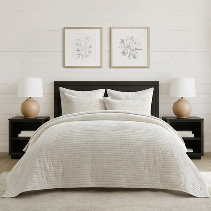 EverGrace Stripe Channel Luxury Velvet Quilt Set King Size, Beige Taupe