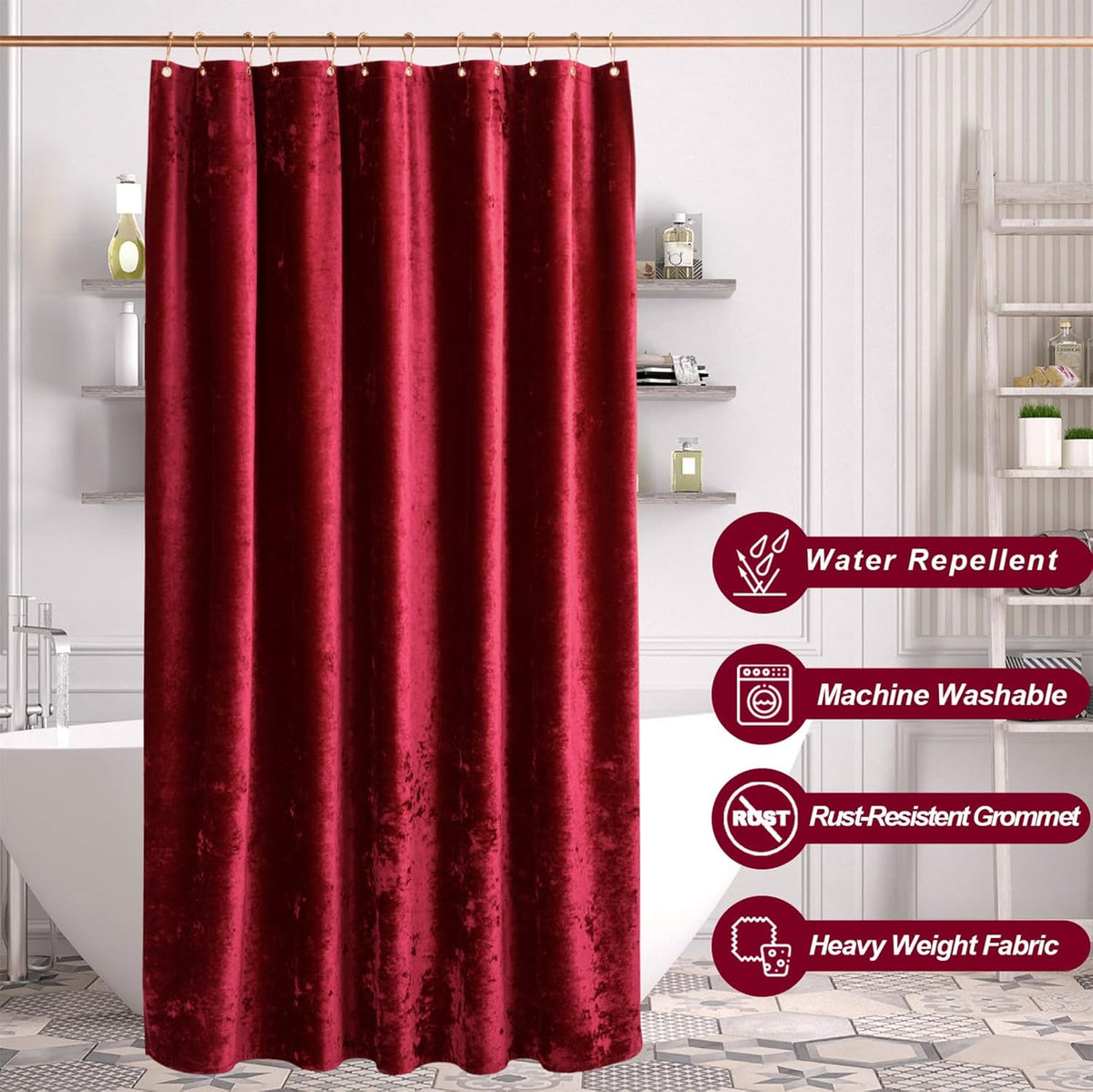 TAMGHO Crushed Velvet Shower Curtain, Marron Red, 72 x 72