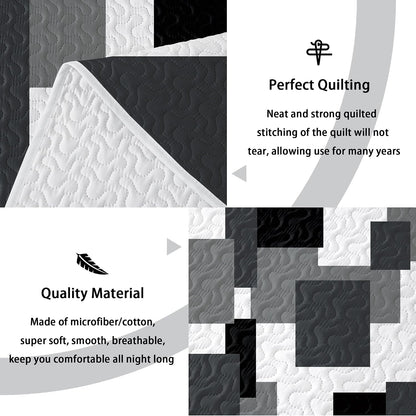 Tyrot 3 Piece Black Grey Quilt Full/Queen Size Black White Gray Bedding Set