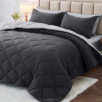 MUXHOMO Queen Comforter Set 7 Pieces, Reversible Bed in a Bag, Red/Black
