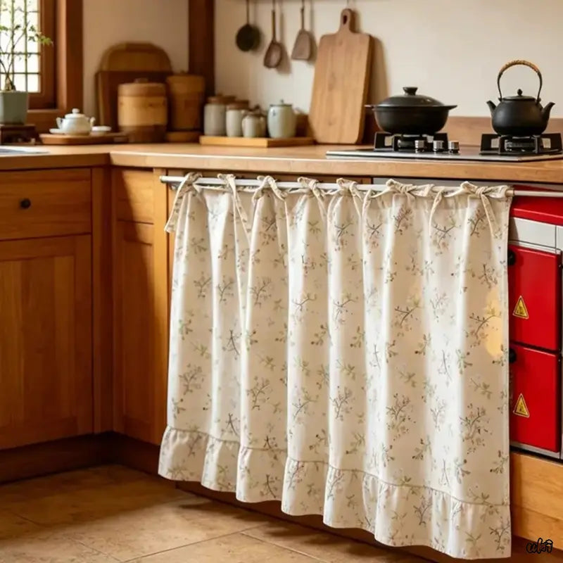 Ruffled Edge Rustic Grid Print Home Decorative Curtain - Soft Fabric Country Chic Dual-Use Drape for Oven, Cabinet Covers, Aesthetic Home Decor