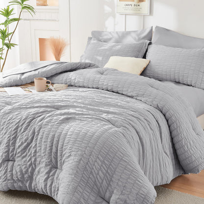 Full Comforter Set - 7PCS Bed in a Bag, Seersucker Bedding Set, Dark Grey