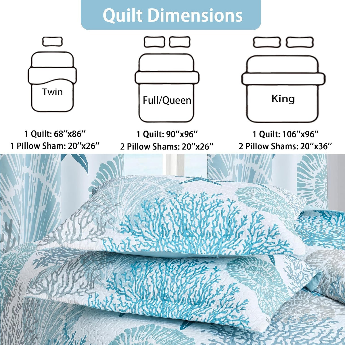 Tritard 3 Piece Coastal Quilt Sets Full/Queen Size Bedding Set, Blue