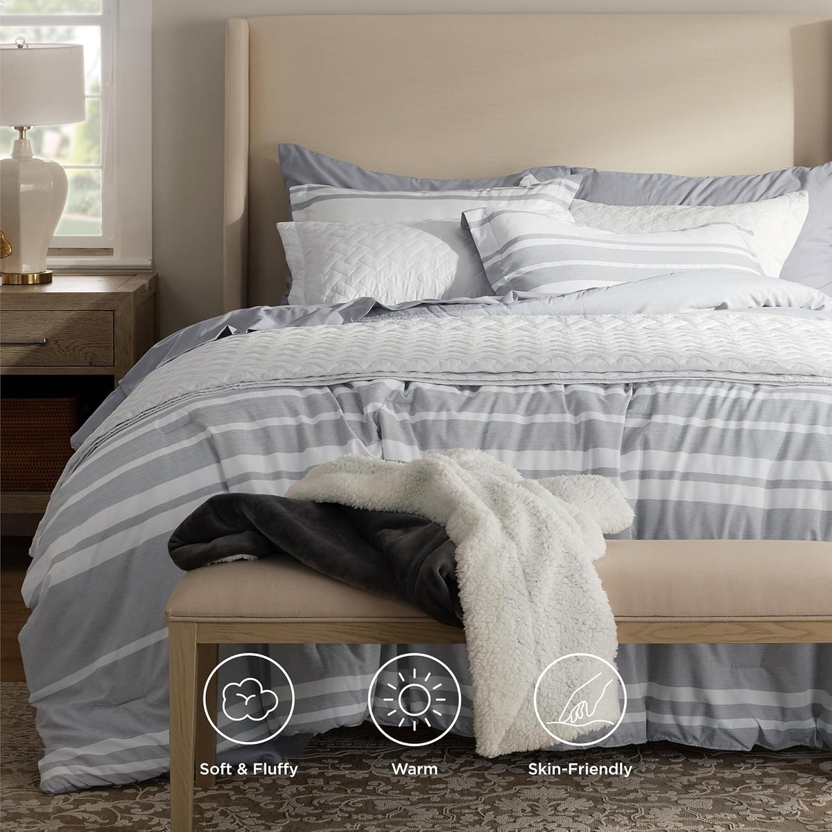 Bedsure Full Comforter Set 7 Pc, Grey Striped, Reversible, All-Season