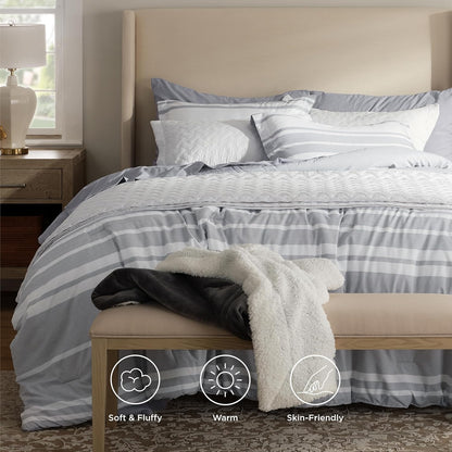 Bedsure Full Comforter Set 7 Pc, Grey Striped, Reversible, All-Season