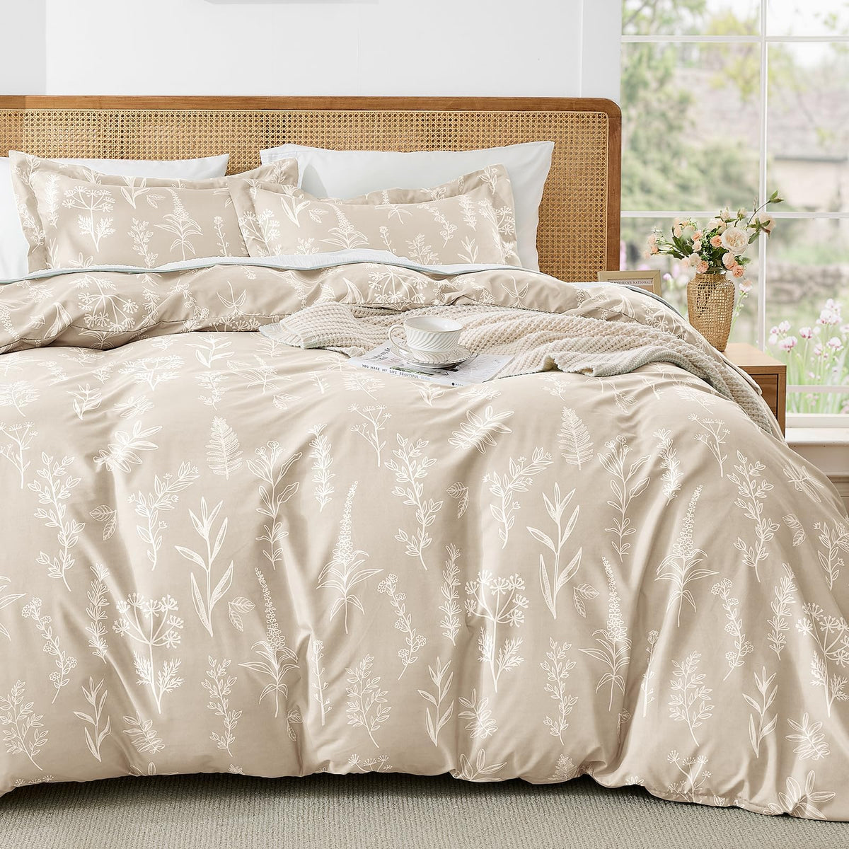 MUXHOMO Duvet Cover King Size, 3-Piece Floral Grey-Blue Bedding Set