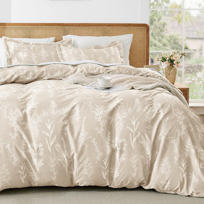 MUXHOMO Duvet Cover King Size, 3-Piece Floral Grey-Blue Bedding Set