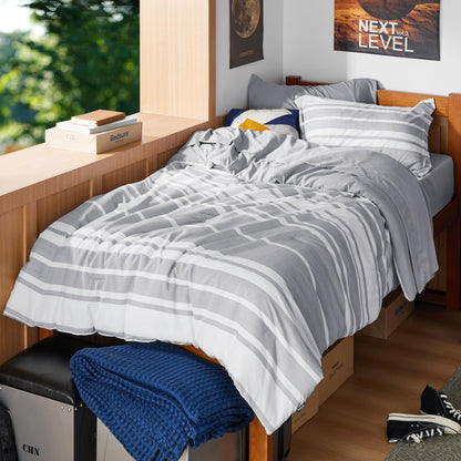 Bedsure Full Comforter Set 7 Pc, Grey Striped, Reversible, All-Season