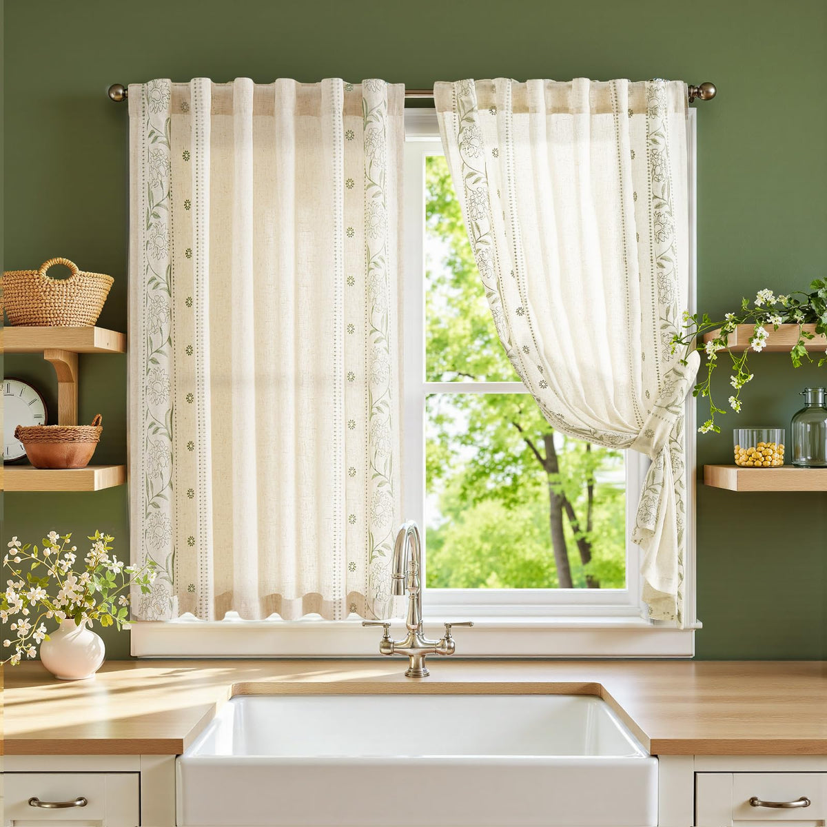 jinchan Beige Floral Linen Kitchen Tier Curtains 50x45 Inch 2 Panels