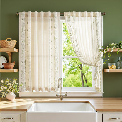 jinchan Beige Floral Linen Kitchen Tier Curtains 50x45 Inch 2 Panels