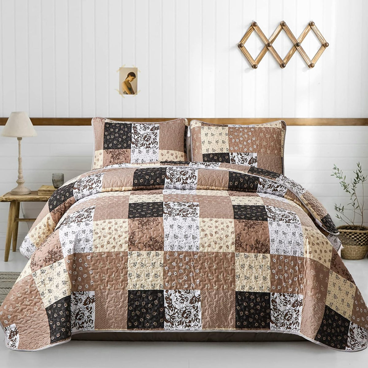 Mybedsoul Boho Quilts Queen Size, Patchwork Floral Bedding Set, Blue