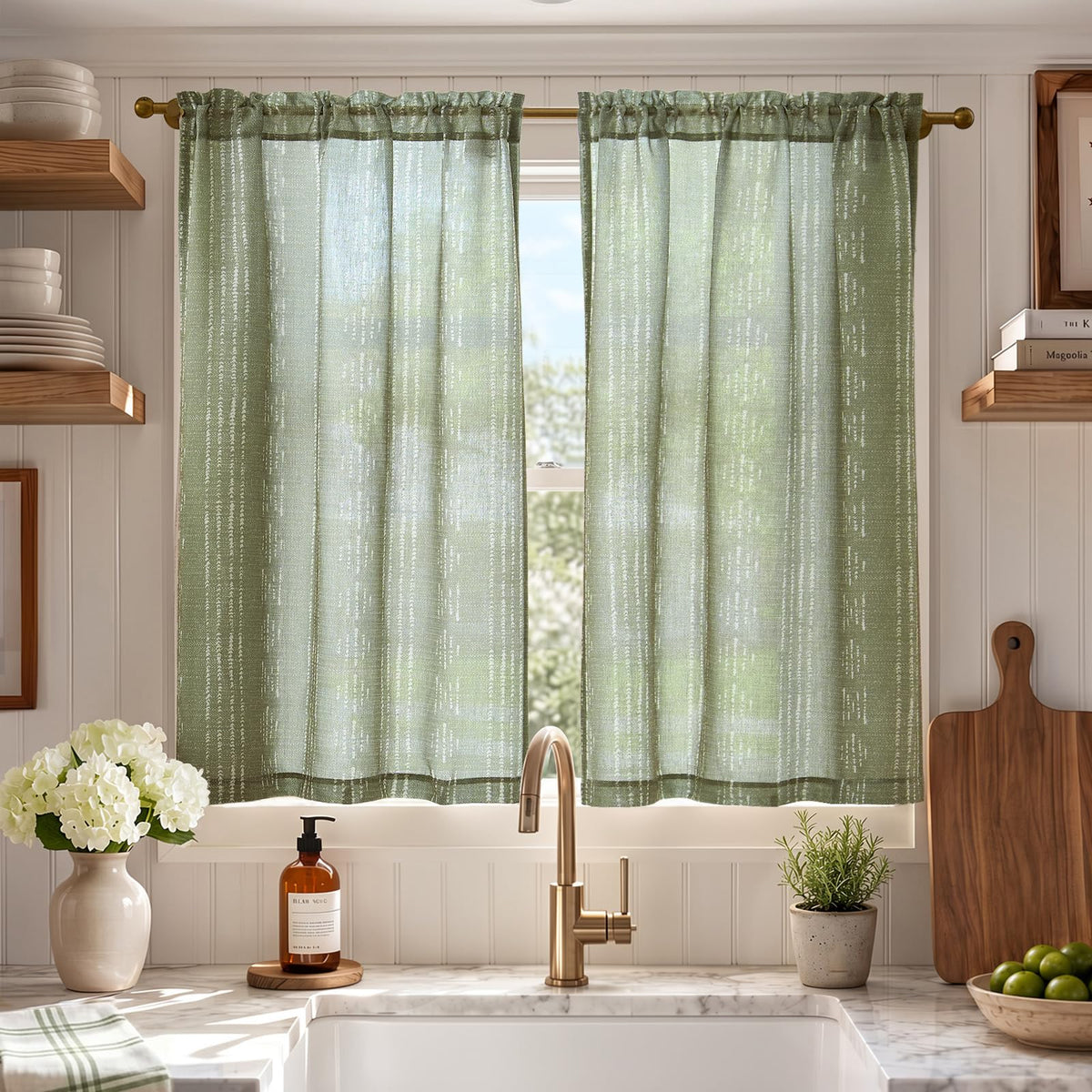 jinchan Linen Striped Tier Curtains for Kitchen Windows Green 26 x 24 inch
