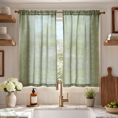 jinchan Linen Striped Tier Curtains for Kitchen Windows Green 26 x 24 inch