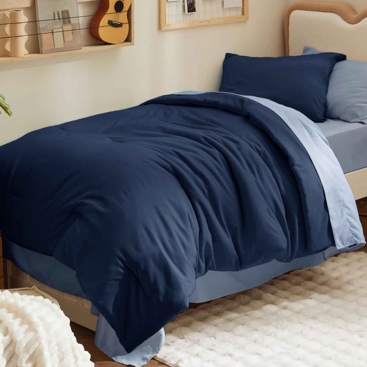 Bedsure Blue Bedding Set Queen Bed in a Bag Contrasting Bed 7 Pieces