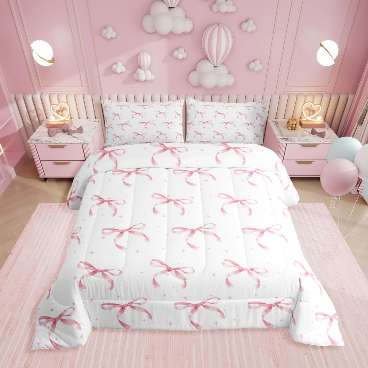 Erosebridal Cute Pink Bow Twin Bedding Set for Girls,Ribbon Bow Knot Comforter Set for Kids Kawaii Room Decor,Princess Bowknot Bed Set Girly Pink Bows Bedding Comforter Sets,1 Pillowcase