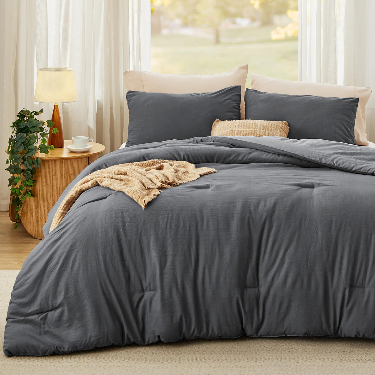 Bedsure King Comforter Set Prewashed Soft Bedding Set 3Pcs Beige 104"x90"