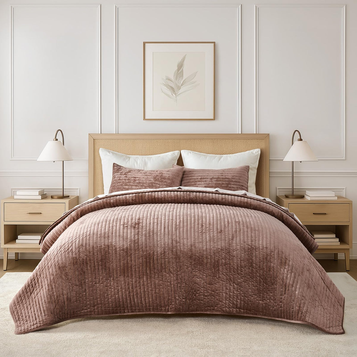 EverGrace Stripe Channel Luxury Velvet Quilt Set King Size, Beige Taupe
