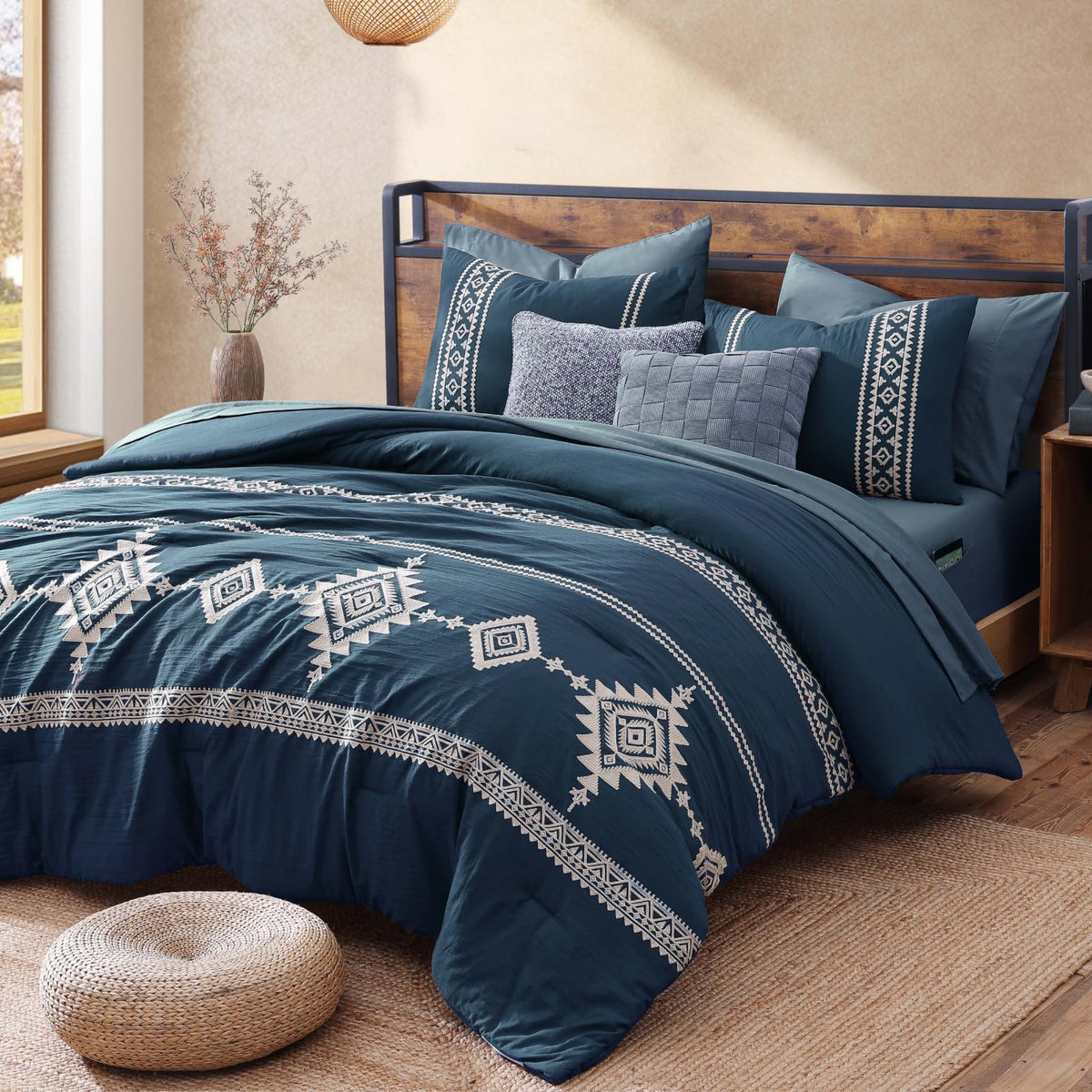 MaiRêve Embroidery Queen Comforter Set 7 Pieces Burnt Orange Bed in a Bag