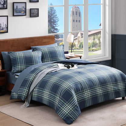 Plaid Full Size Comforter Set Blue Grey 7 Pieces Farmhouse Bed in a Bag